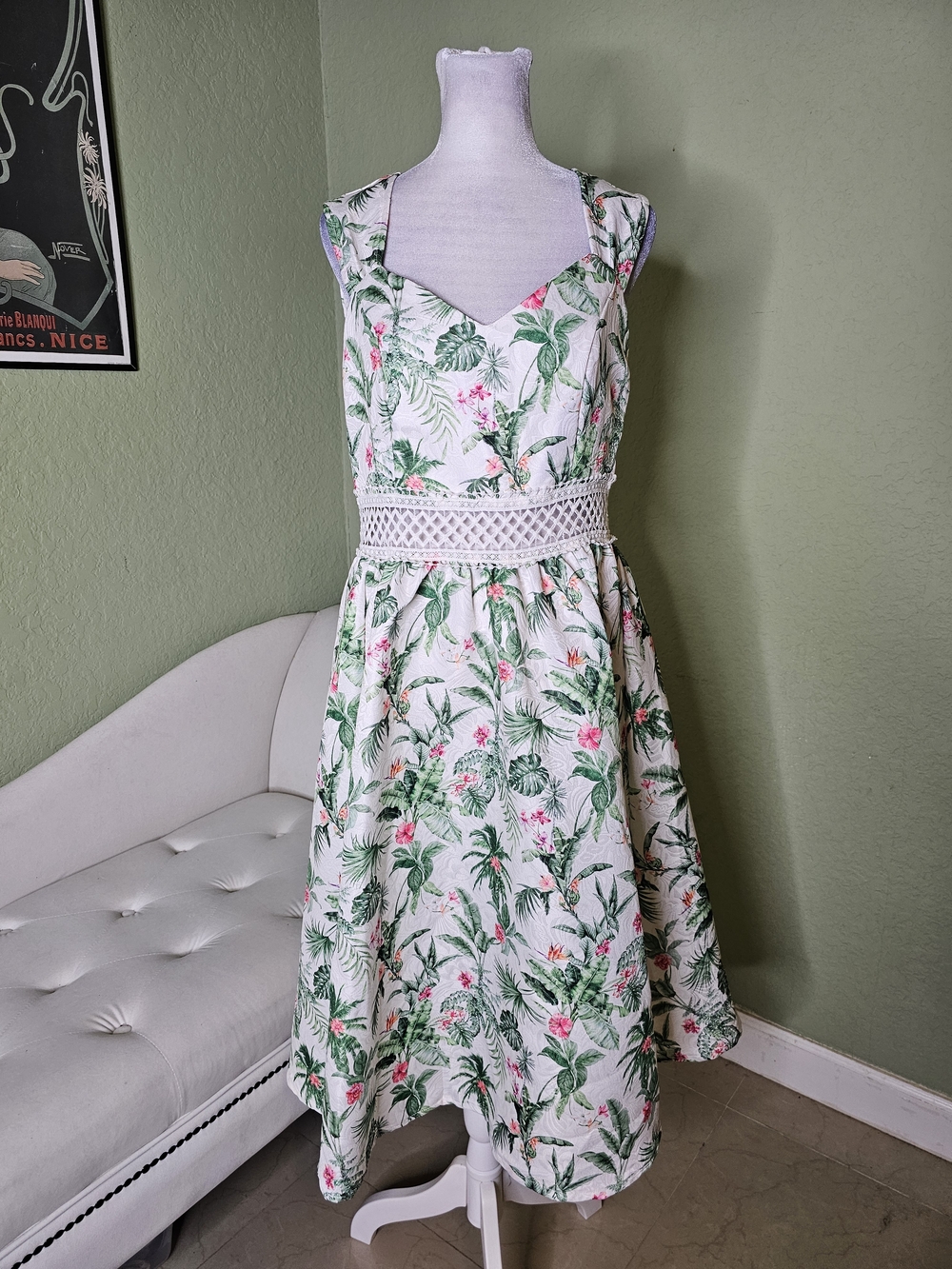 SHEIN White Tropical Floral Midi Dress with Green & Pink Print